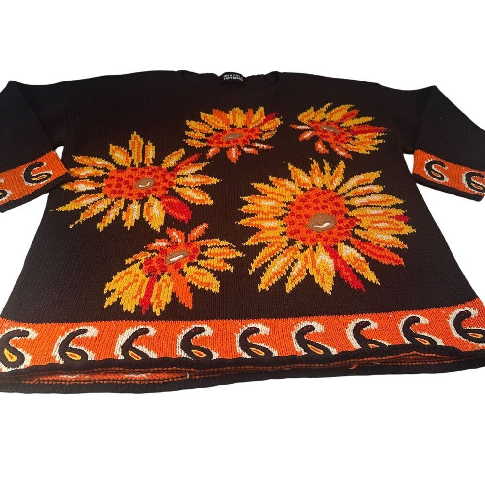 Roberta Freymann Sunflower Knit Oversized Sweater Women Autumn Tunic Vintage